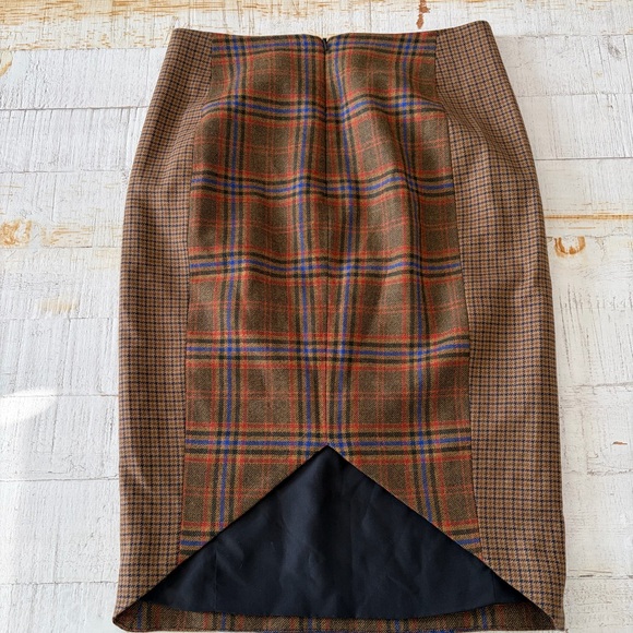 Jenni Kayne Wool Plaid Pencil Skirt size 4-6? Silk Lined Brown Houndstooth - Picture 7 of 8